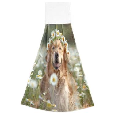 Imagem de Joisal Toalhas de cozinha com laço para pendurar conjunto de 2 toalhas de dedo para forno de cachorro floral dourado, toalha de cozinha absorvente para decoração de casa, 46 x 35 cm