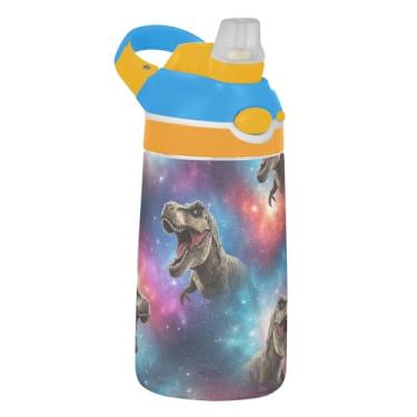 Imagem de Garrafa de água neon colorida dinossauros infantis 473 ml Tritan garrafa de água de plástico reutilizável com tampa de canudo 473 ml copo infantil portátil à prova de vazamento, alça de transporte
