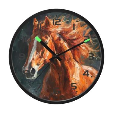 Imagem de SEHANY Relógio de parede artístico majestoso cavalos silencioso, sem tique-taque, relógio redondo operado por bateria, controle de som, luz noturna, relógios de parede para sala de estar, cozinha
