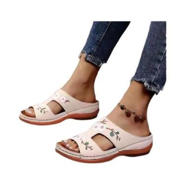 Imagem de Chinelos De Couro Bordados Femininos Para O Verão, Sandálias Casuais D