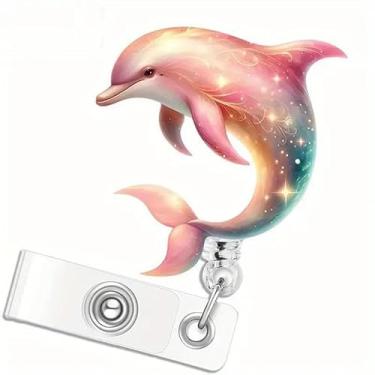 Imagem de Carretel de crachá de golfinho saltador, suporte de crachá com design fofo de golfinho rosa de verão, carretel de crachá médico de identificação com clipe retrátil, porta-crachá de acrílico plano 2D