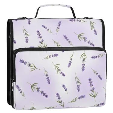 Imagem de Bolsa organizadora de fichário com zíper roxo e folhas de lavanda com alça, 3 anéis de 3 anéis, porta-pastas para escola e escritório