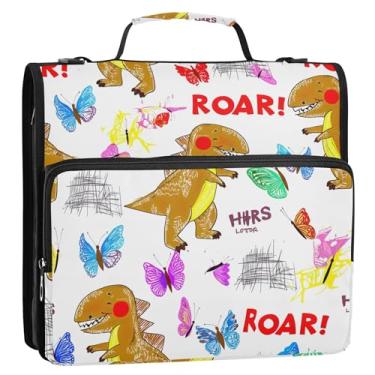 Imagem de Fichário de desenho animado fofo com 3 anéis de sorriso de dinossauro de 3 cm D para fichário organizador de fichário escolar com alça de ombro, suporte para 500 folhas