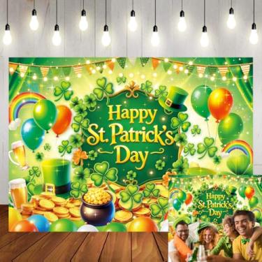 Imagem de Happy St. Patrick's Day Pano de fundo verde trevo com pote de ouro arco-íris balões fundo para decoração de festival irlandês Dia de São Patrício festa cabine de fotos adereços para eventos 20 x 1,8 m