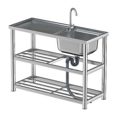 Imagem de Pia de cozinha, pia de aço inoxidável independente, pia industrial com bancada e prateleiras de armazenamento, pia comercial/industrial, para estação de trabalho, cozinha ao ar livre ou pia de bar