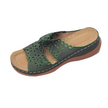 Imagem de Pantufas femininas casuais de verão estilo boca de peixe com salto cunha para facilitar o deslizamento e conforto, Verde, 39