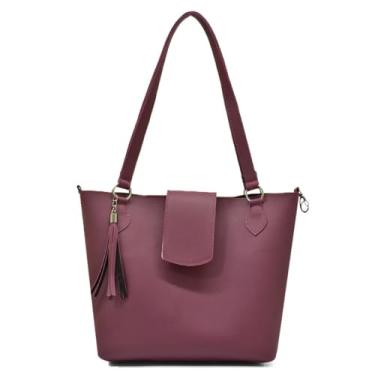 Imagem de Bolsa Tote Feminina em Couro Sintético, Alça Dupla, Detalhe em Tassel, Preta (Roxo;)