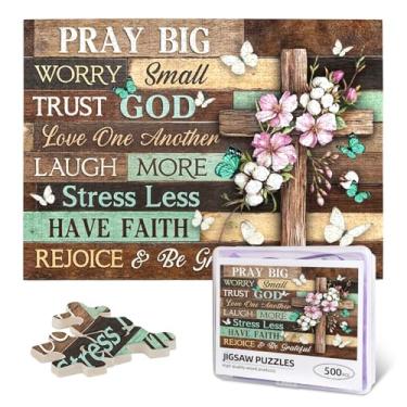 Imagem de Quebra-cabeça cristão adulto 500 peças, cruz elegante com Pray Big Worry Small Trust God citação quebra-cabeça de madeira religiosa baseado na fé decoração de casa e presente edificante