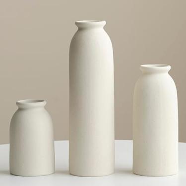 Imagem de Conjunto de vasos de cerâmica - 3, vasos de flores de 26 cm de altura para decoração, estilo boêmio moderno, vasos decorativos para grama dos pampas e flores secas, acabamento envelhecido (L bege)