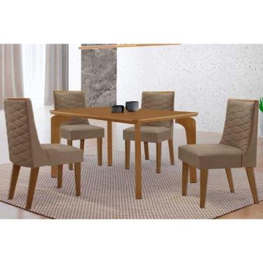 Imagem de Sala Jantar Mesa Londrina Tampo Curvo 120cm+4 Cadeiras Dafne Madeira Naturale - Capuccino/Suede Capuccino - Rufato