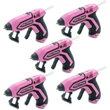 Imagem de Pink Power Conjunto de 5 mini kits de pistola de cola quente sem fio com suporte – 100 varas, alimentado por bateria, sem fio, aquecimento rápido, recarregável por USB, pistola de cola portátil para
