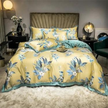 Imagem de Conjunto de cama macio e sedoso com estampa floral refrescante de verão, incluindo capa de edredom, lençol e lençol de baixo, modelo 15, 1,8 m de largura.