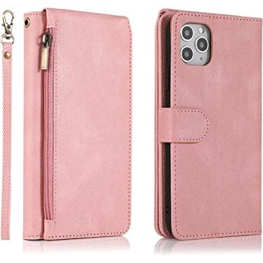Imagem de KKFAUS Capa carteira com zíper para iPhone 14/14 Plus/14 Pro/14 Pro Max, capa de telefone de couro PU premium com alça de pulso slots de cartão suporte capa de notebook flip magnético (cor: rosa, tamanho: 14pro)