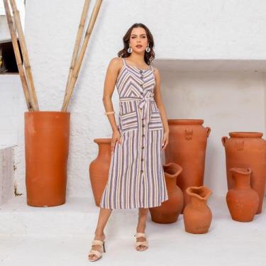 Imagem de Vestido Longo Midi Premium Liso de Alcinha com Botões e Bojo Tendencia