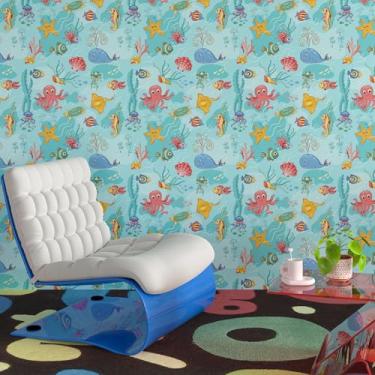 Imagem de CHIHUT Papel de parede colorido com tema de 45 cm x 599 cm para sala de aula quarto papel de parede azul autoadesivo decorativo algas marinhas polvo estrela do mar crianças papel de parede para