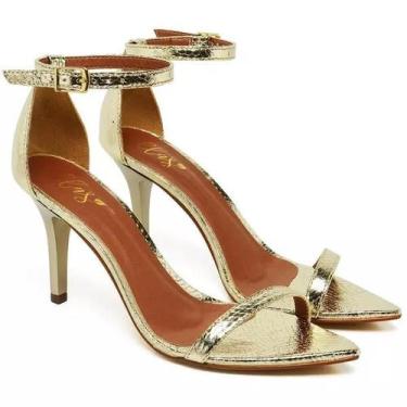 Imagem de Sandália Salto Medio Feminino Bico Folha Cristal Ouro Light - Ella'S, 