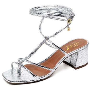 Imagem de Sandália Bico Quadrado Salto Bloco Médio Cristal Prata Ella's, 36, Pra