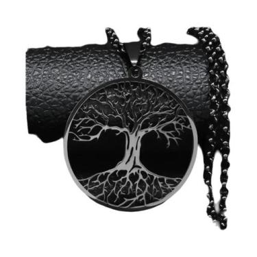 Imagem de Colar Longo Masculino Em Aço Inoxidável Preto 2023 Com Pingente Árvore