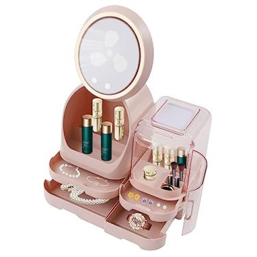 Imagem de Estojo de cosméticos organizadores para cuidados com a pele com espelho, luz LED e ventilador, armazenamento de maquiagem, pincel, batom, cuidados com a pele, perfume, caixa organizadora de maquiagem
