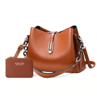 Imagem de Bolsa Feminina Couro Plutônio Bolsa de Ombro Mão Transversal para Uso Diário Luxo Bolsa de Mão Multicamadas Tamanho Médio Moderna (Marrom + Carteira)