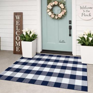 Imagem de KILOCOCO Tapete xadrez Buffalo - Tapete de porta frontal de 90 x 12 cm para ambientes externos, tapete azul e branco, tapete de varanda frontal lavável de algodão em camadas para varanda frontal, fazenda/entrada