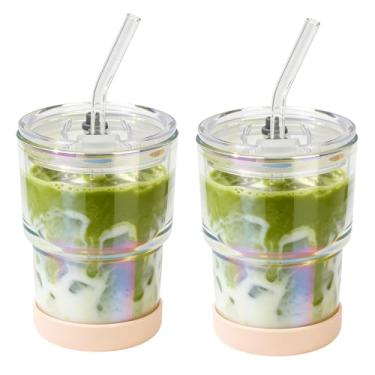 Imagem de Zukro Copo de vidro de 368 g com canudo de vidro, tampa à prova de vazamento, copo de água fofo reutilizável de parede grossa com bota de silicone para café gelado, chá frio, pacote com 2, Shrimmer
