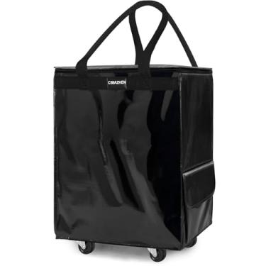 Imagem de (Médio, preto) Saco de compras reutilizável com rodas, cesto de roupa suja, sacola dobrável com alça e zíper, organizador de armazenamento para roupas e mantimentos, carrinho de compras com rodinhas