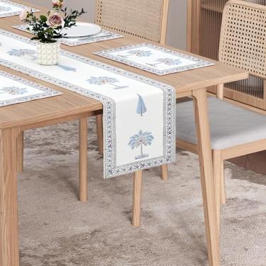 Imagem de Conjunto de jogo americano e corredor de mesa Santorini Palms – 6 jogos americanos + 1 corredor – Impressão artesanal em bloco, 100% algodão, linho de mesa de jantar e cozinha | Coleção de palmeiras e