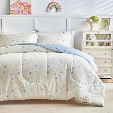 Imagem de Joyreap Conjunto de edredom de algodão com 3 peças, Queen, tema azul e branco oceano estrela-do-mar, corais, design para crianças, macio, aconchegante, leve, algodão, conjunto de edredom para todas as