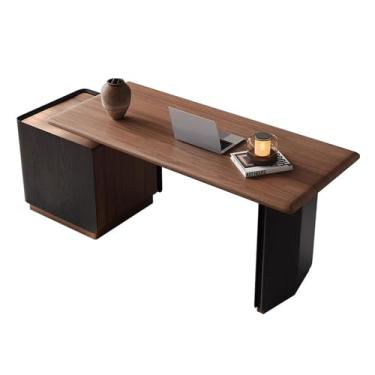 Imagem de KEG801302 Mesa de escritório em casa moderna simples com armário de arquivos, acabamento em nogueira preta, mesa de PC retrátil, mesa de escrita, estação de trabalho