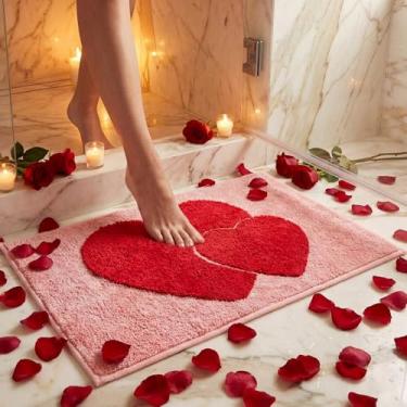 Imagem de Lyrow Tapete de banheiro de dia dos namorados com coração rosa de pelúcia 3D, tapete de banho absorvente antiderrapante para decoração de banheiro dos namorados, tapete de chuveiro macio e engraçado