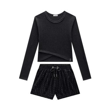 Imagem de Conjunto Blusa Cropped e Short Preto Metalizado Nina Go-Feminino