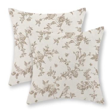 Imagem de GOLIANDA Capas de almofada marrons 45,7 x 45,7 cm, conjunto de 2 almofadas de pássaros florais chinoiserie, vintage, vaso sanitário, decoração ao ar livre, capa de almofada de linho para decoração