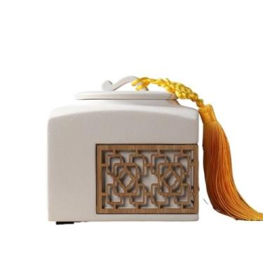 Imagem de x3anggyt5 Latas de chá vasilha grande de cerâmica para uso doméstico com borla, pote de armazenamento lacrado vazado chinês recipientes de armazenamento de chá (branco)