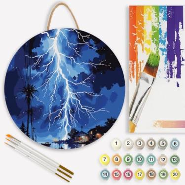 Imagem de Kit de pintura por números Thunderstorm para adultos em placa de madeira – Kit de pintura artesanal de madeira relâmpago DIY sobre lago e casas, conjunto de tinta acrílica, redondo de 30,5 cm, para