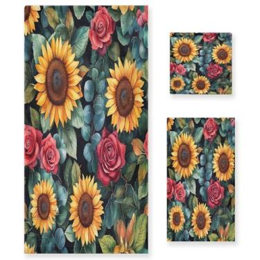 Imagem de xigua Conjunto de toalhas de banheiro girassóis macio absorvente 3 peças toalha de banho toalha de mão toalhas decorativas para banheiro, academia, hotel, praia, piscina