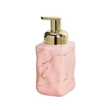 Imagem de Lindo dispensador de sabão de cerâmica de 355 g quadrado recarregável para mão e prato para pia de cozinha, banheiro, chuveiro, decoração de banheiro (rosa)