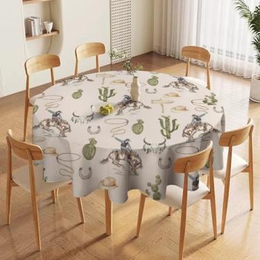 Imagem de Yearn Jear Toalha de mesa vintage de caubói ocidental rústica de cowboy selvagem cavalgada e cacto no deserto, capa de mesa de poliéster lavável para cozinha, jantar, festa, decoração de casa, 91 cm
