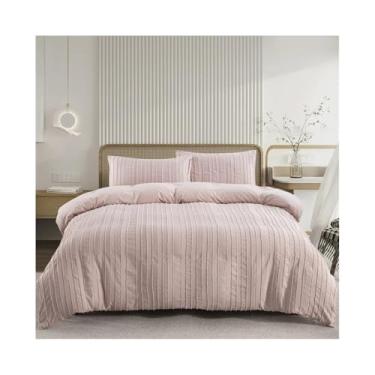 Imagem de x3anggyt5 Conjunto de capa de edredom de cor pura boho listrado tufado texturizado conjunto de cama 2/3 peças de microfibra macia de luxo (rosa, solteiro EUA (173 x 229 cm))