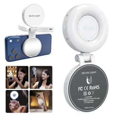 Imagem de Veedzoens Luz magnética de selfie com espelho para iPhone, 800 mAh recarregável e giratória de 360° e dobrável portátil de LED para maquiagem, selfie, fotografia, vlog (branco)