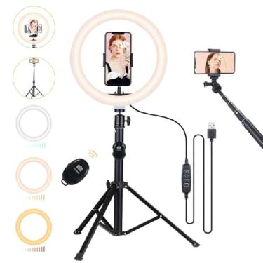 Imagem de Conjunto de Luz Anel Regulável com Tripé Controle Remoto BT 3 Modos Iluminação 10 Níveis Brilho 120 LEDs Lâmpada para Câmera Fotografia Maquiagem Self