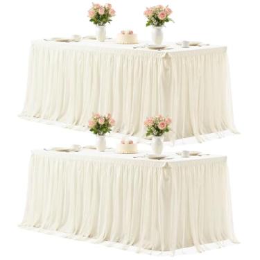 Imagem de Pacote com 2 toalhas de mesa marfim para mesas retangulares de 2,3 m, toalha de mesa de marfim retangular, toalha de mesa de tule elástica de 2,4 m, capas de mesa para casamento, chá de bebê, festa de