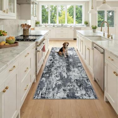 Imagem de RELEANY Tapetes laváveis 7 x 18 cm, modernos, abstratos, macios para sala de estar, entrada, quarto, berçário, estampa estampada, preto e cinza