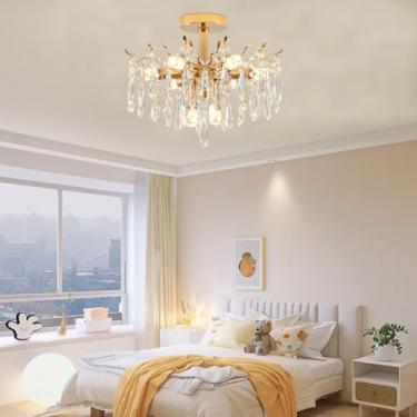 Imagem de Lustre de cristal dourado K9 elegante e moderno em formato de galho, luminária de teto com cúpula para sala de estar, sala de jantar, quarto, ilha de cozinha e corredor (42 cm)