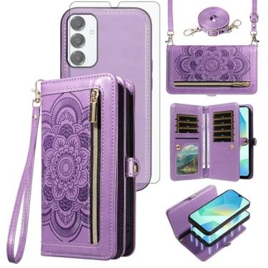 Imagem de Asuwish Capa de celular para Samsung Galaxy A16 5G/4G carteira com zíper destacável com protetor de tela de vidro temperado alça de pulso mandala flor porta-cartão de crédito A 16 16A SM-A166U