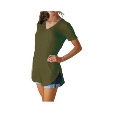 Imagem de Blusa de verão de cor sólida com decote em V manga curta solta camiset