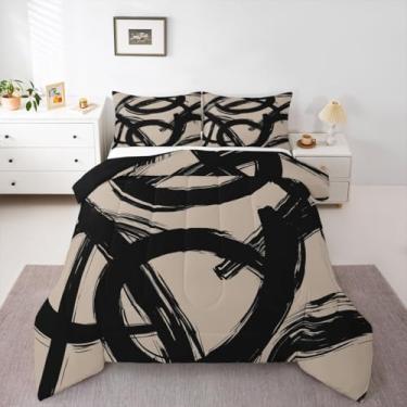 Imagem de Erosebridal Conjunto de edredom Queen abstrato preto bege moderno graffiti minimalista, simples, legal, exclusivo, geométrico, inserção, pintura a tinta, colcha estética com 2 fronhas