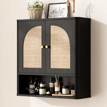 Imagem de RUSTOWN Armário de parede de banheiro de vime, armário de remédios boho com 2 portas arqueadas, armários modernos sobre o vaso sanitário com prateleiras ajustáveis (preto rústico)