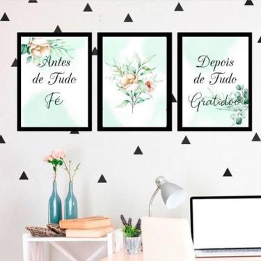Imagem de Kit Quadro Decorativo Fé E Gratidão Floral 45X34Cm 3 Peças