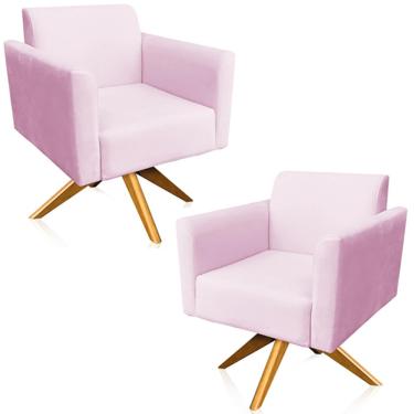 Imagem de Kit 02 Poltronas Decorativas Isabella Base Giratória Madeira Suede Rosa Bebê - Gran Belo